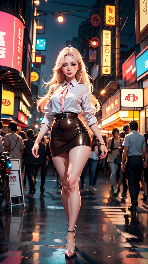 Full body frontal view of an albino woman with freckles, highly detailed face, large, well-detailed eyes, extremely beautiful, extremely slender, symmetrical body, thin waist, wide hips, thighs (thick with muscles), sensualizing with her mouth, with a highly exciting seductive expression, wearing short brown leather skirt, and a short pink blouse, showing her belly, in the busy neon-lit night streets of Bangkok, ultra-realistic image, perfect symmetry, vibrant and sharp, dynamic vision, high level of detail and definition, 1200 PPI - Photographic resolution with greater color realism, hyper-realistic, high fidelity, cinematic, 16K UHD image resolution.