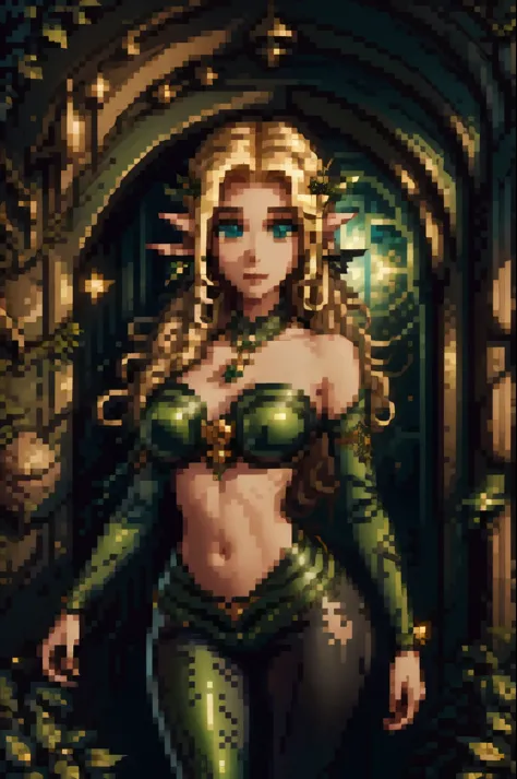 medieval setting, full view of body, (detailed elf ear, 1 woman, elven featured face, beautiful green eyes, blonde hair), leathe...