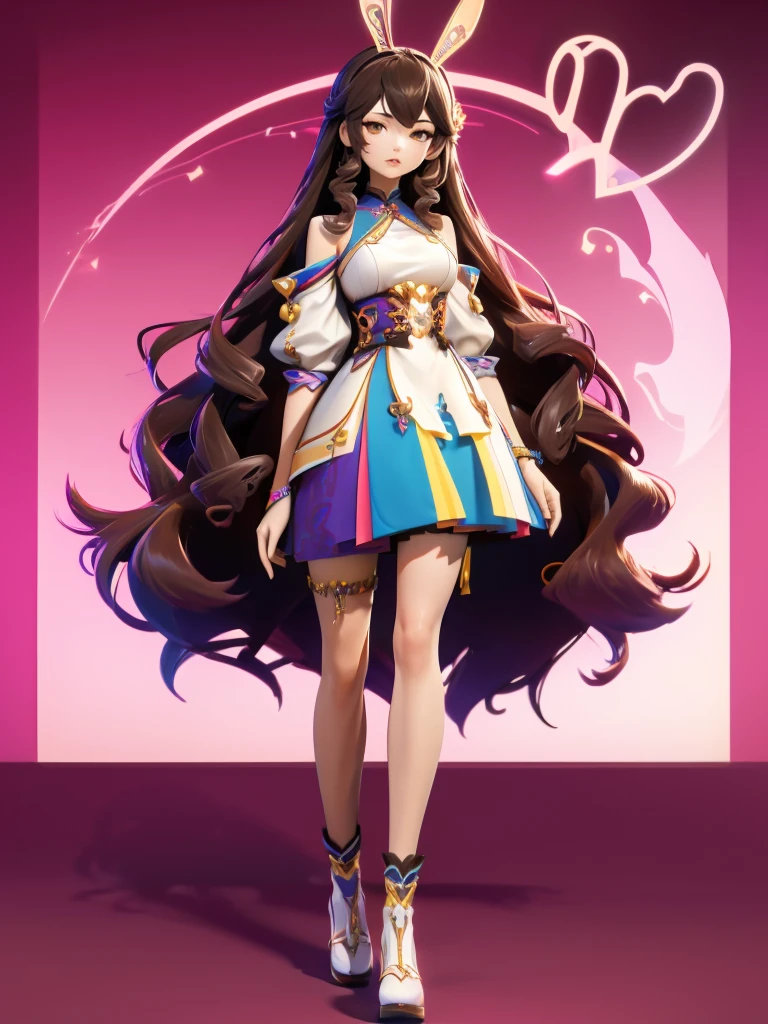 hair divided on half, Seizo Watase style, Simple Line Initialism，Abstract art, 3d character, colorful hearts ,(((The most beautiful girl of all time))),  (full body 1.2), only girl, long hair, 20 year old, full body, (((8k))), (((3d)), dark brown hair