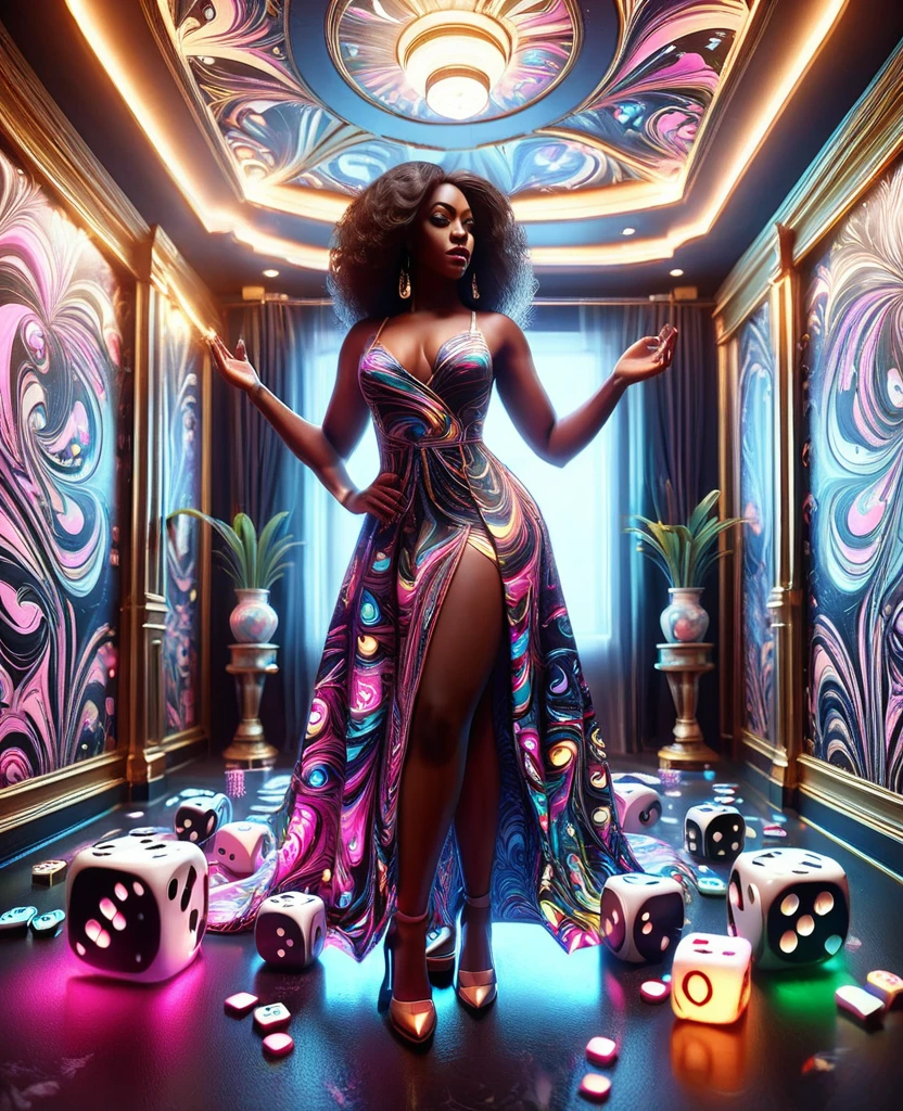 fish eye lens view shot of a curvy Black woman in a beautiful dress, standing model pose in a dice designed room, throwing dice at the viewer, with rolling dice designs on the walls, floor and ceilings, 32k ultra HD, unreal engine rendered, hyper-realistic image,