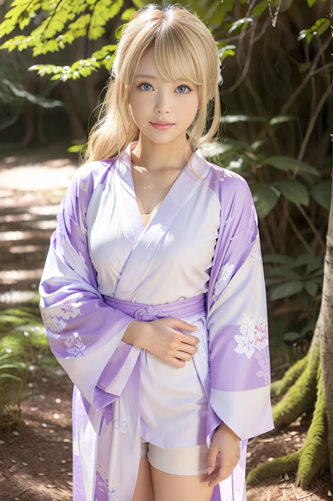 (light purple kimono:1.2), (Komono:1.2), (bright floral pattern), (long sleeves), 1 girl, half body, (blond hair, medium hair), (realistic:1.7), ((highest quality)), surreal, (ultra high resolution), (photorealistic:1.6), photorealistic, octane rendering, (hyper-realistic:1.2), (photorealistic face:1.2), (8k), (4K), (masterpiece), medium breast, (realistic skin texture), (enlightenment, cinematic lighting, wallpaper), (symmetrical size, beautiful eyes:1.2), ((((perfect face)))), (cute), (standing), pink lips, (in the woods:1.2), bright forest road, smile, (Japanese country style), detailed cute face, realistic beauty, light in eyes, turn back,