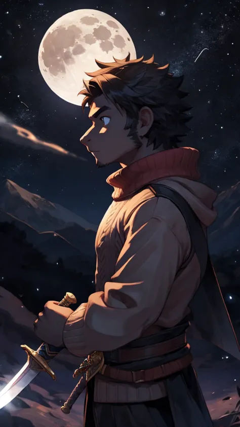 black-haired man, a sword, sweater, a sword, second-rate, night, planet, moon, profile