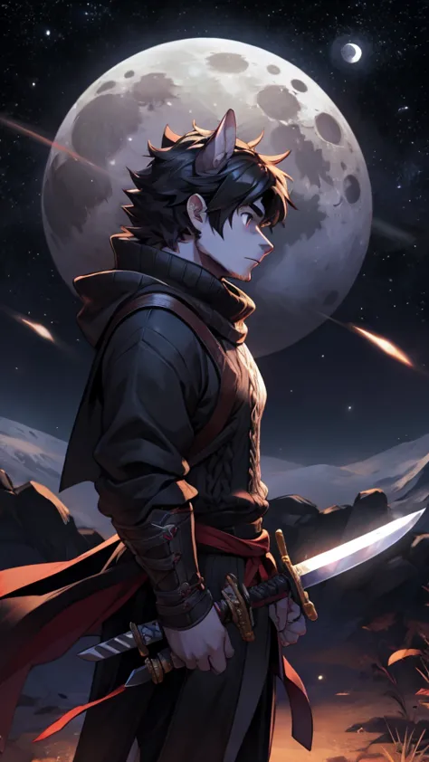 black-haired man, a sword, sweater, a sword, second-rate, night, planet, moon, profile