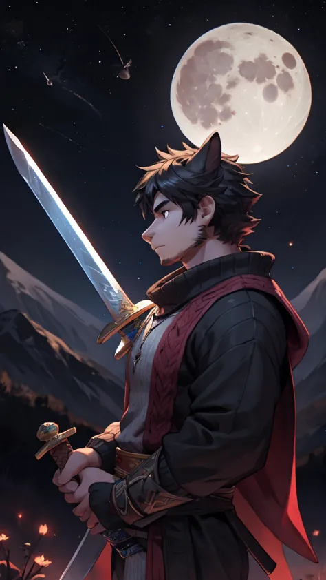 black-haired man, a sword, sweater, a sword, second-rate, night, planet, moon, profile