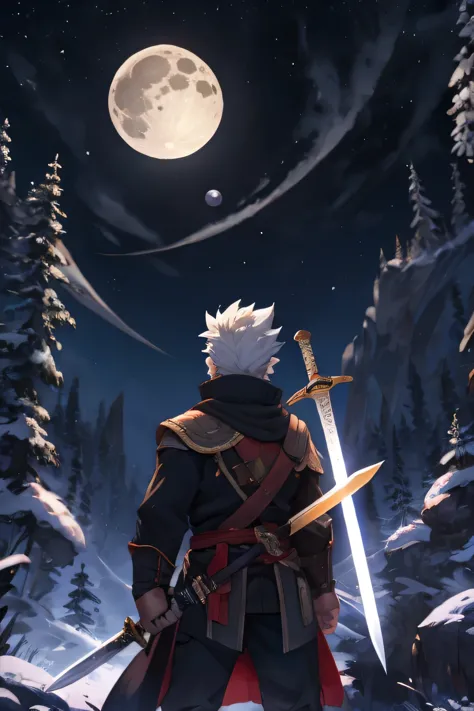 man, a sword, sweater, a sword, second-rate, night, planet, moon