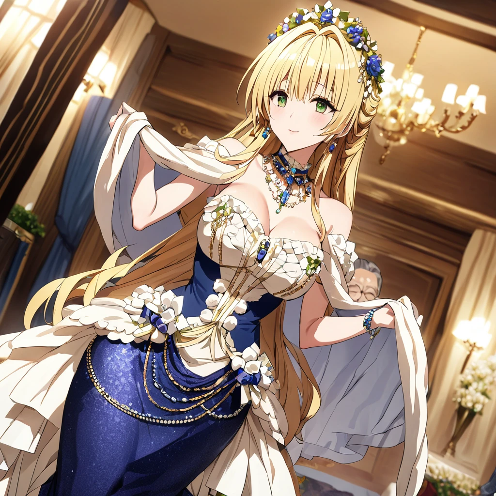 ((Highest quality)), ((masterpiece)), (detailed), （Perfect Face）、The woman is Tiare, has green eyes, medium-long blonde hair, and is wearing an engagement ring.、The woman is wearing a gorgeous, dazzling Rococo Victorian dress, a gorgeous see-through cape and a sequined skirt, a gorgeous jeweled head dress chain, gorgeous jeweled earrings, and other gorgeous, glittering accessories, and is in a luxurious room with a dignified, bearded, elderly man.、The man is a dignified, bearded old man, very wealthy and wearing an engagement ring.