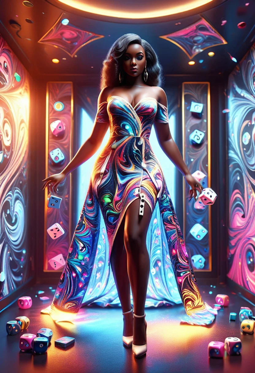 Full body shot of a curvy Black woman in a beautiful dress, standing model pose in a dice designed room, throwing dice at the viewer, with rolling dice designs on the walls, floor and ceilings, 32k ultra HD, unreal engine rendered, hyper-realistic image,