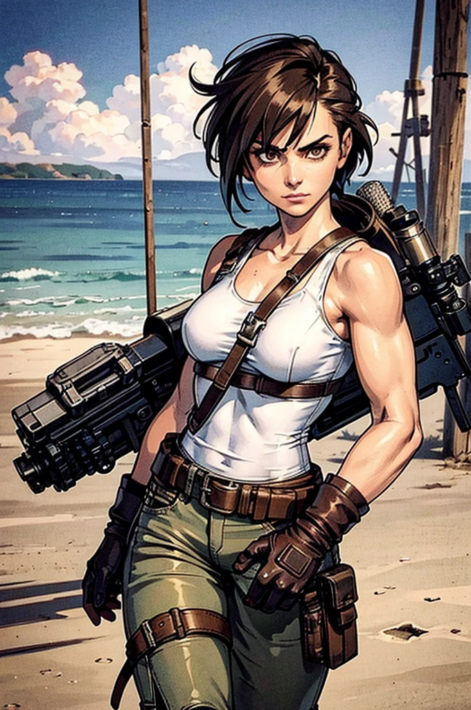 a military woman, well trained body, white sleeveless t-shirt, Exposed collarbone, beige leather shelter, blue pants, two leather belts with gun pockets, dark brown hair, carving, Brown eyes, hazel left eye, left eye with a scar, beach shore, at daytime, walking towards the viewer, serious expression, threatening expression looking at viewer, sparkling beach, palm trees around, leather gloves on his hands, In a post-apocalyptic environment, post - apocalyptic cowgirl, Post - Apocalyptic style, Post apocalyptic clothing, pose, post-apocalyptic, Postapocalyptic style, post apocalyptic grunge, Post - Apocalyptic Scavenger. (Ultra quality) 8k quality, detailed, perfect light, perfect angle, perfect sharpness.