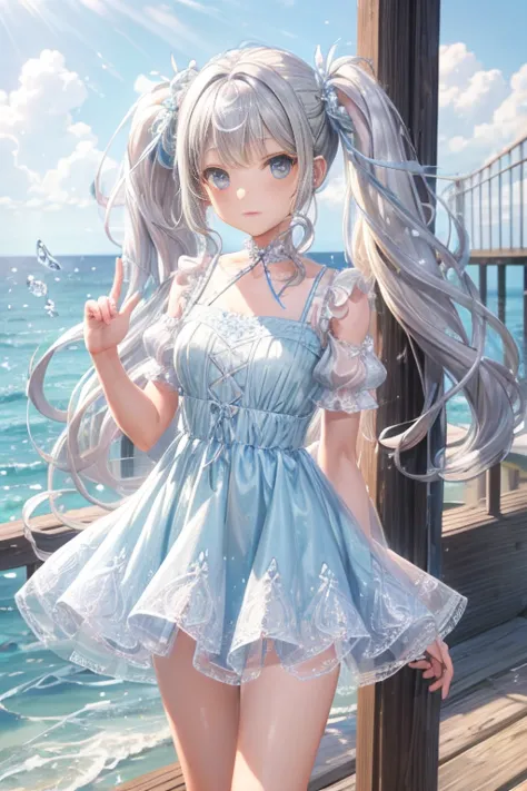 girl　long silver twintails　Cute detailed face　light blue detailed lace Short dress　Seaside in summer  Skirts that flip in the wi...