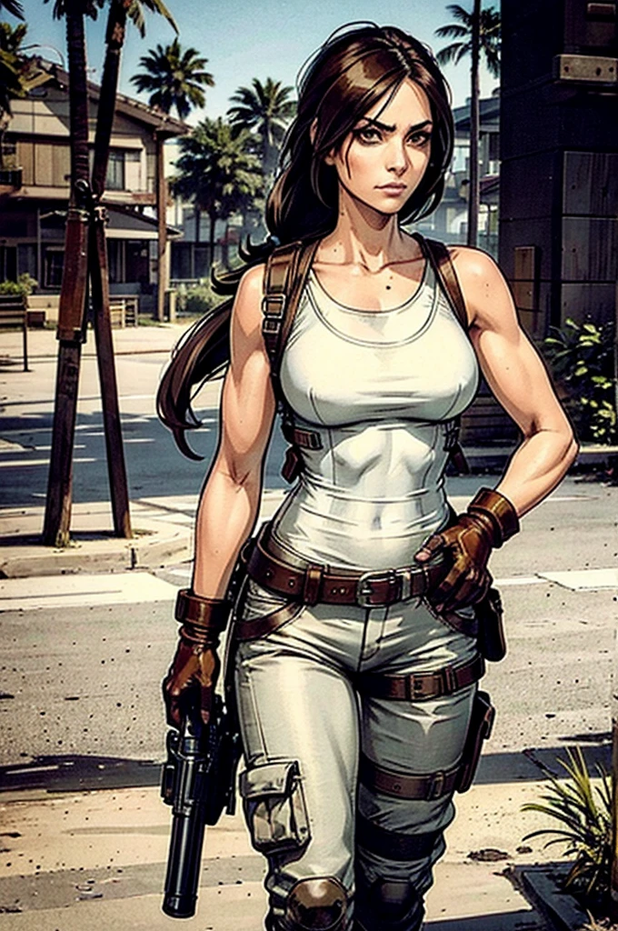 a military woman, well trained body, white sleeveless t-shirt, Exposed collarbone, beige leather shelter, blue pants, two leather belts with gun pockets, dark brown hair, carving, Brown eyes, hazel left eye, left eye with a scar, beach shore, at daytime, walking towards the viewer, serious expression, threatening expression looking at viewer, sparkling beach, palm trees around, leather gloves on his hands, In a post-apocalyptic environment, post - apocalyptic cowgirl, Post - Apocalyptic style, Post apocalyptic clothing, pose, post-apocalyptic, Postapocalyptic style, post apocalyptic grunge, Post - Apocalyptic Scavenger. (Ultra quality) 8k quality, detailed, perfect light, perfect angle, perfect sharpness.