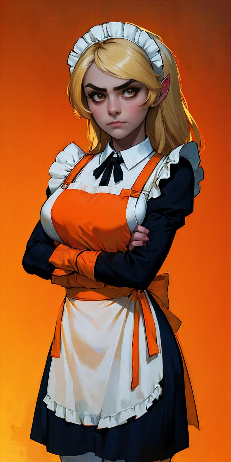 1girl, apron, blonde hair, bow, breast hold, breasts, brooch, closed mouth, crossed arms, dress, dusk, enmaided, evening, frown, ginkgo leaf, gradient, gradient background, long hair, long sleeves, looking at viewer, maid, maid apron, maid headdress, medium breasts, orange background, orange sky, orange theme, ribbon, solo, sunflower, sunset, v-shaped eyebrows, white apron, yellow background, yellow sky, yellow theme