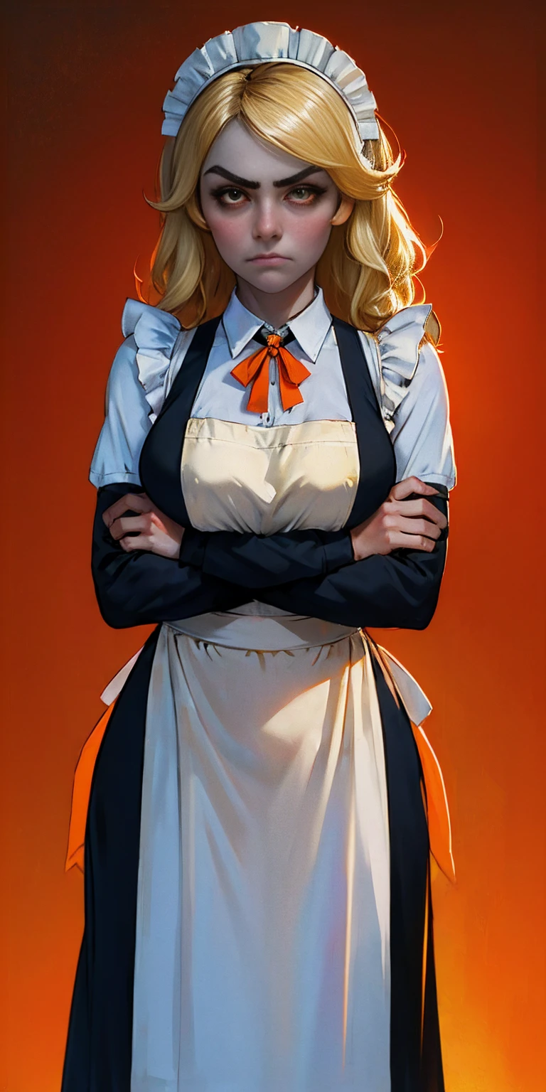 1girl, apron, blonde hair, bow, breast hold, breasts, brooch, closed mouth, crossed arms, dress, dusk, enmaided, evening, frown, ginkgo leaf, gradient, gradient background, long hair, long sleeves, looking at viewer, maid, maid apron, maid headdress, medium breasts, orange background, orange sky, orange theme, ribbon, solo, sunflower, sunset, v-shaped eyebrows, white apron, yellow background, yellow sky, yellow theme