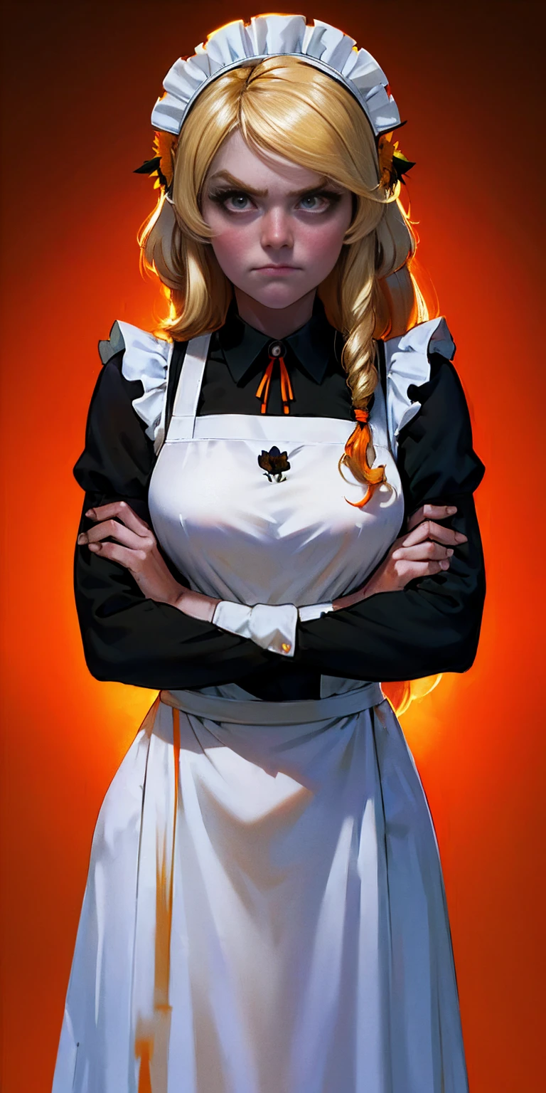 1girl, apron, blonde hair, bow, breast hold, breasts, brooch, closed mouth, crossed arms, dress, dusk, enmaided, evening, frown, ginkgo leaf, gradient, gradient background, long hair, long sleeves, looking at viewer, maid, maid apron, maid headdress, medium breasts, orange background, orange sky, orange theme, ribbon, solo, sunflower, sunset, v-shaped eyebrows, white apron, yellow background, yellow sky, yellow theme