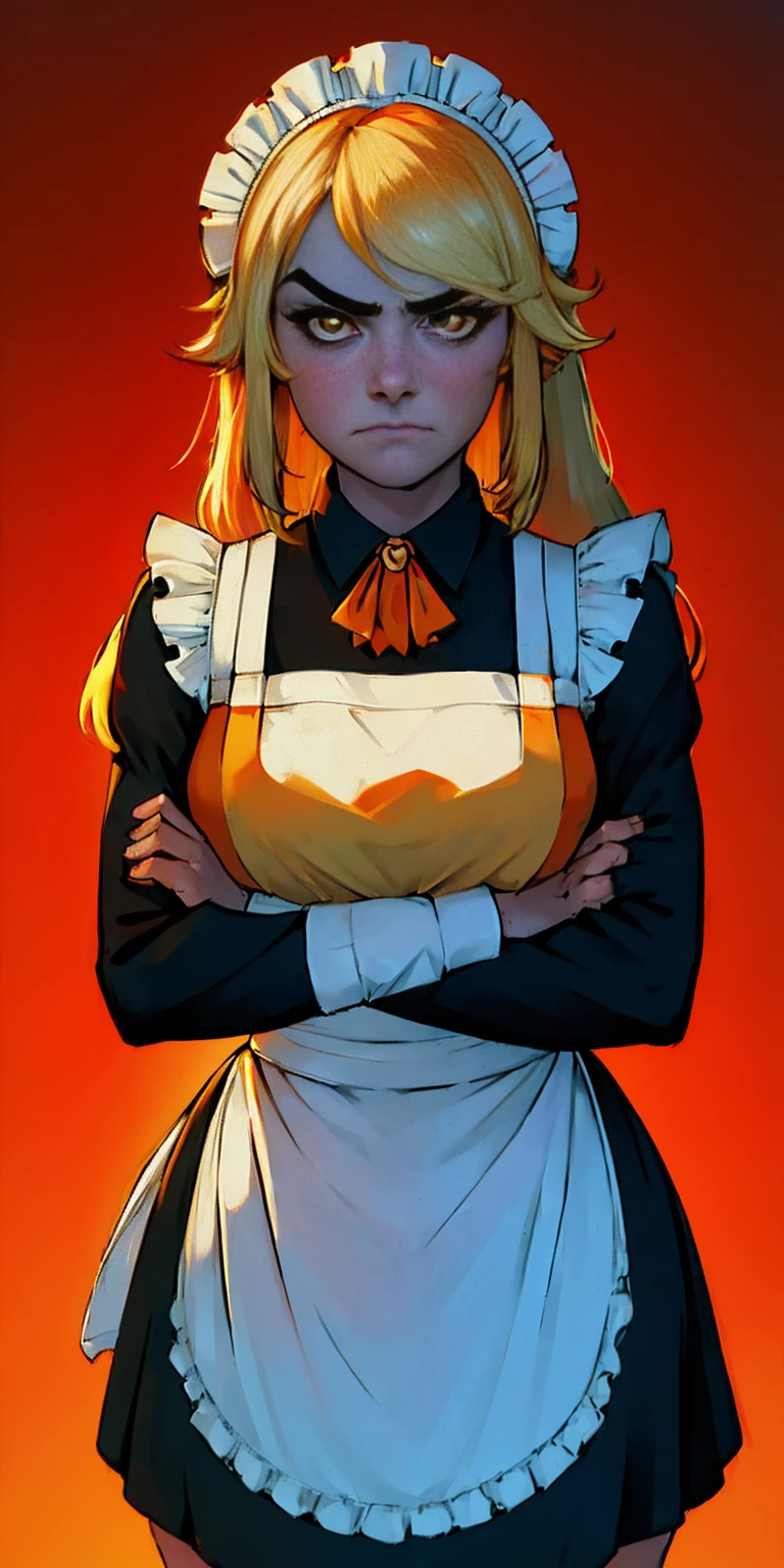 1girl, apron, blonde hair, bow, breast hold, breasts, brooch, closed mouth, crossed arms, dress, dusk, enmaided, evening, frown, ginkgo leaf, gradient, gradient background, long hair, long sleeves, looking at viewer, maid, maid apron, maid headdress, medium breasts, orange background, orange sky, orange theme, ribbon, solo, sunflower, sunset, v-shaped eyebrows, white apron, yellow background, yellow sky, yellow theme