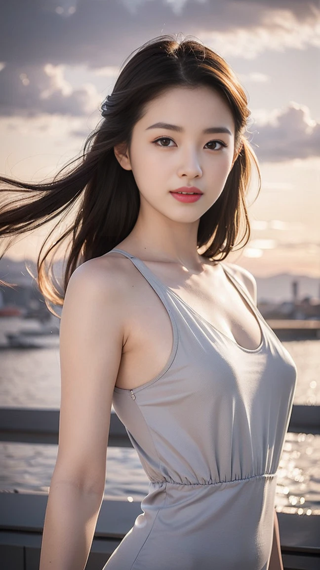  (masterpiece, top quality, best quality,1girls,Korean, beautiful face, smile, long hair, 19 years old, Tank top, ((Light grey straight dress:1.1)), White shoes, hills, full body view, sunset，Bangs to eyebrows、Beautiful brown hair、Beautiful and delicate eyes、Brown eyes、Raise an eyebrow、Bangs to eyebrows、Beautiful brown hair、Beautiful and delicate eyes、Brown eyes、Raise an eyebrow、High Nose、Small nostril、Little mouth、Tempting lips、Mouth slightly open、Beautiful breasts、Full body、Oval face,Phoenix Eyes，Eyebrow， Double eyelids, Long eyelashes, A faint smile, full-body shot:1.2，Long legs and fair skin,She has a pair of eyes as clear as water，Eyebrows are like distant mountains，Creamy skin，Lips like cherry blossoms。Long legs and fair skin, A faint smile, full-body shot:1.2，