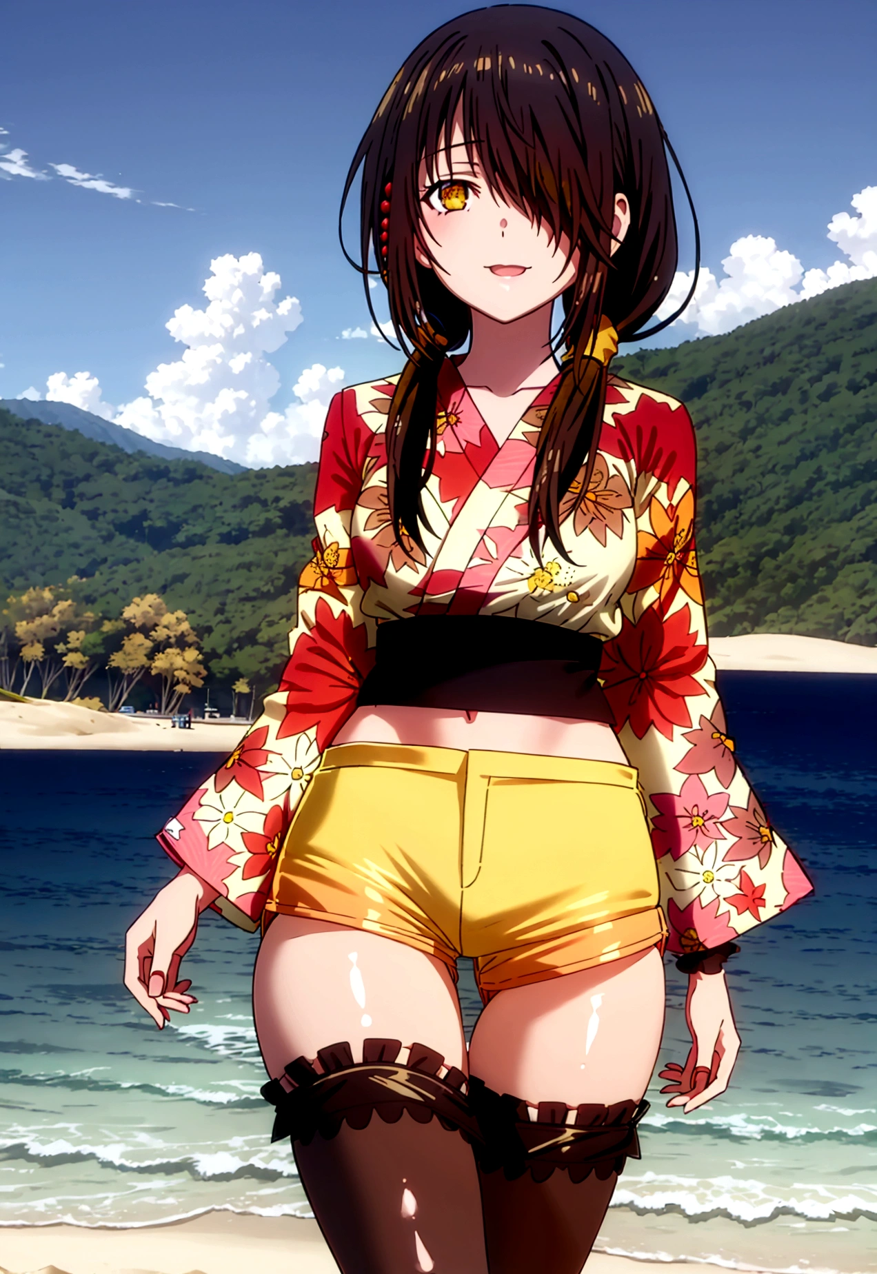 ultra-detailed,highly detailed, best quality,masterpiece, illustration, realistic, photo, photorealistic,
1girl, ((tokisaki kurumi)), ((cosplay)), ((hair over one eye)), (right red eye, left yellow eye), looking at viewer, happy girl, (low twintail) , ((kimono)), (((hotpants))), hair rings, loafers,
(Outdoors), walking, ((beach)) 