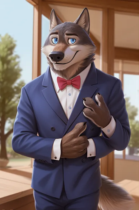 Larry (Zootopia), wolf, Gray Fur, (brown body:1.3), beautiful blue eyes, Zootopia, dressed,blazer,pink shirt,trousers,the bow ti...