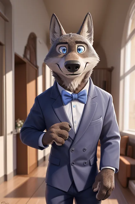 Larry (Zootopia), wolf, Gray Fur, (brown body:1.3), beautiful blue eyes, Zootopia, dressed,blazer,pink shirt,trousers,the bow ti...