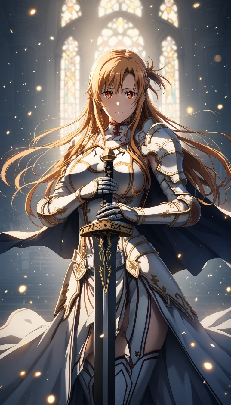 (estilo de arte harayutaka:0.7), pontuação_9, pontuação_8_acima, pontuação_7_acima, pontuação_6_acima, Sem censura, asuna yuuki from espada art online, cabelo laranja, cabelo longo, olhos laranja, dobrar, QUEBRAR (obra de arte:1.2), melhor qualidade, Alta resolução,(olhos detalhados:1.3), iluminação perfeita, (mãos perfeitas, anatomia perfeita), seios grandes, contenção, de pé, arma, foco feminino, espada, cape, contenção arma, armaduras, contenção espada, shoulder armaduras, manoplas, visualizador de frente, bengalas, peitoral, plantado, full armaduras, Bokeh, retroiluminação, vaga-lume, vagalumes, olhos vazios, bright pacimails, 