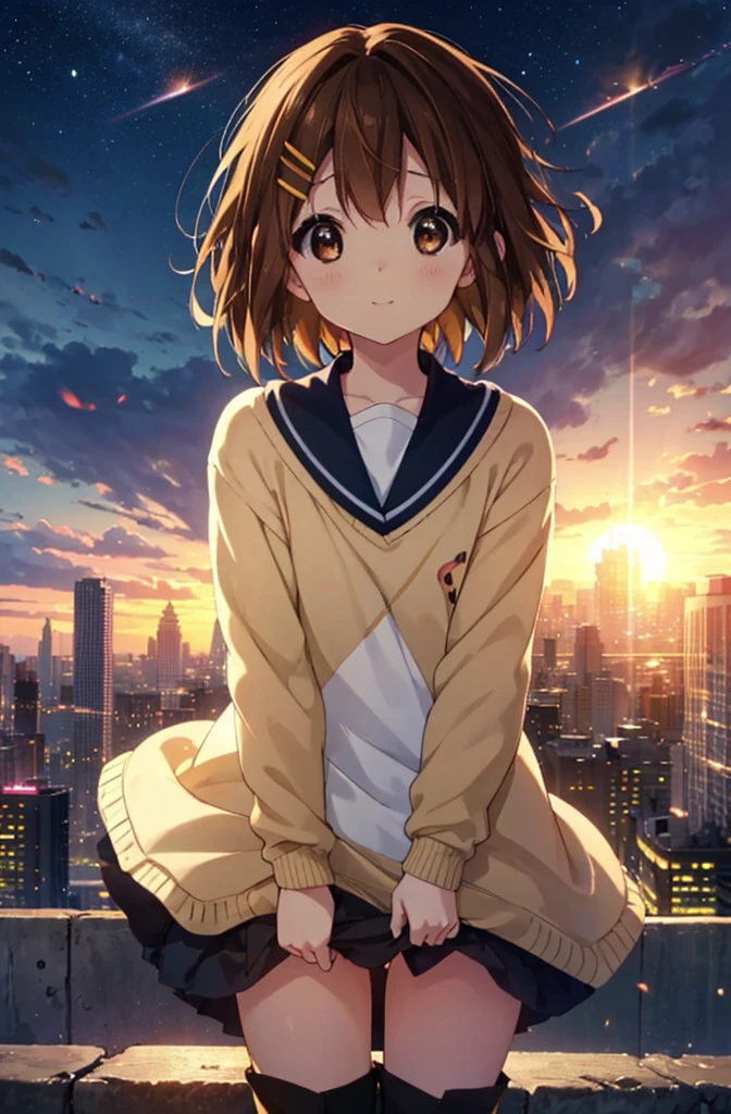 yuihirasawa, Yui Hirasawa, short hair, Brown Hair, hair ornaments, (Brown eyes:1.5),blush,smile,White oversized one-shoulder sweater,Black pleated skirt,White Pantyhose,short boots,Hair Clip,((Panties in full view))、smile、Overlooking the city from the top of the hill、Beautiful sunset、the wind is strong、whole bodyがイラストに入るように,
break otdoors, 丘
break looking at viewer, whole body、
break (masterpiece:1.2), Highest quality, High resolution, unity 8k wallpaper, (shape:0.8), (Beautiful and beautiful eyes:1.6), Highly detailed face, Perfect lighting, Extremely detailed CG, (Perfect hands, Perfect Anatomy),