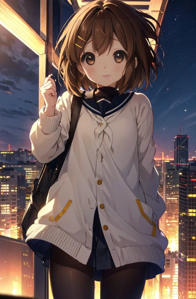 yuihirasawa, Yui Hirasawa, short hair, Brown Hair, hair ornaments, (Brown eyes:1.5),blush,smile,White oversized one-shoulder sweater,Black pleated skirt,White Pantyhose,short boots,Hair Clip,((Panties in full view))、smile、Overlooking the city from the top of the hill、Beautiful sunset、the wind is strong、whole bodyがイラストに入るように,
break otdoors, 丘
break looking at viewer, whole body、
break (masterpiece:1.2), Highest quality, High resolution, unity 8k wallpaper, (shape:0.8), (Beautiful and beautiful eyes:1.6), Highly detailed face, Perfect lighting, Extremely detailed CG, (Perfect hands, Perfect Anatomy),