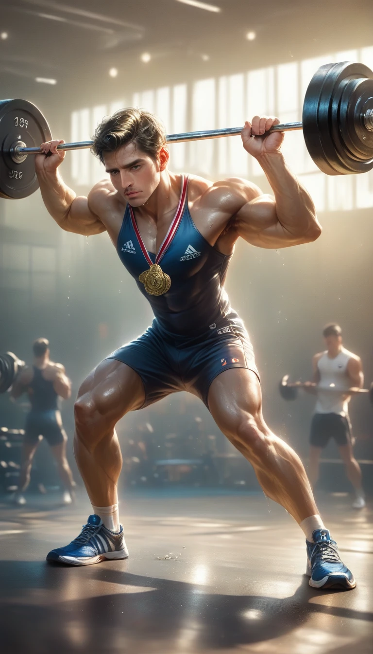 long shot, full body:1.4, a muscular male athlete, weightlifting, weightlifter lifting heavy weights, olympic weightlifting competition:1.5, dramatic lighting, cinematic camera angle, detailed human anatomy, extremely detailed face, muscles powerful, shiny skin, sweat, determination (best quality, 8k, high resolution, masterpiece :1.2),ultra-detailed,(realistic,photorealistic,photorealistic:1.37),professional studio lighting,film composition,dramatic shadows,vivid colors,medal gold, olympic rings