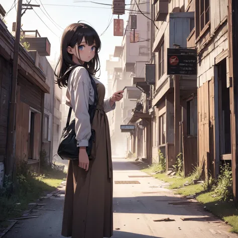 An android girl in potato sack clothes in an abandoned town 