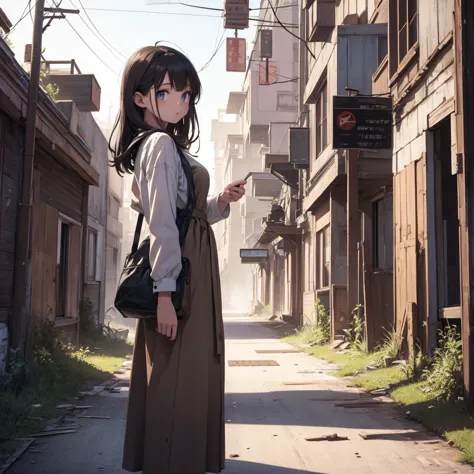 an android girl in potato sack clothes in an abandoned town