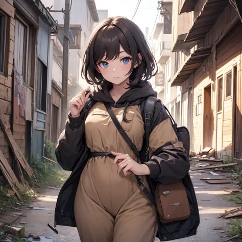 An android girl in potato sack clothes in an abandoned town 