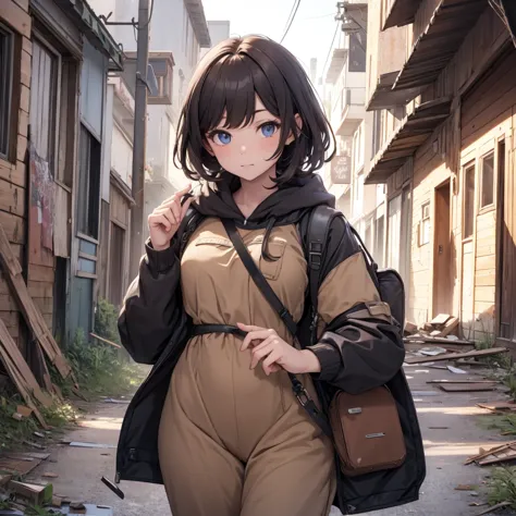 an android girl in potato sack clothes in an abandoned town