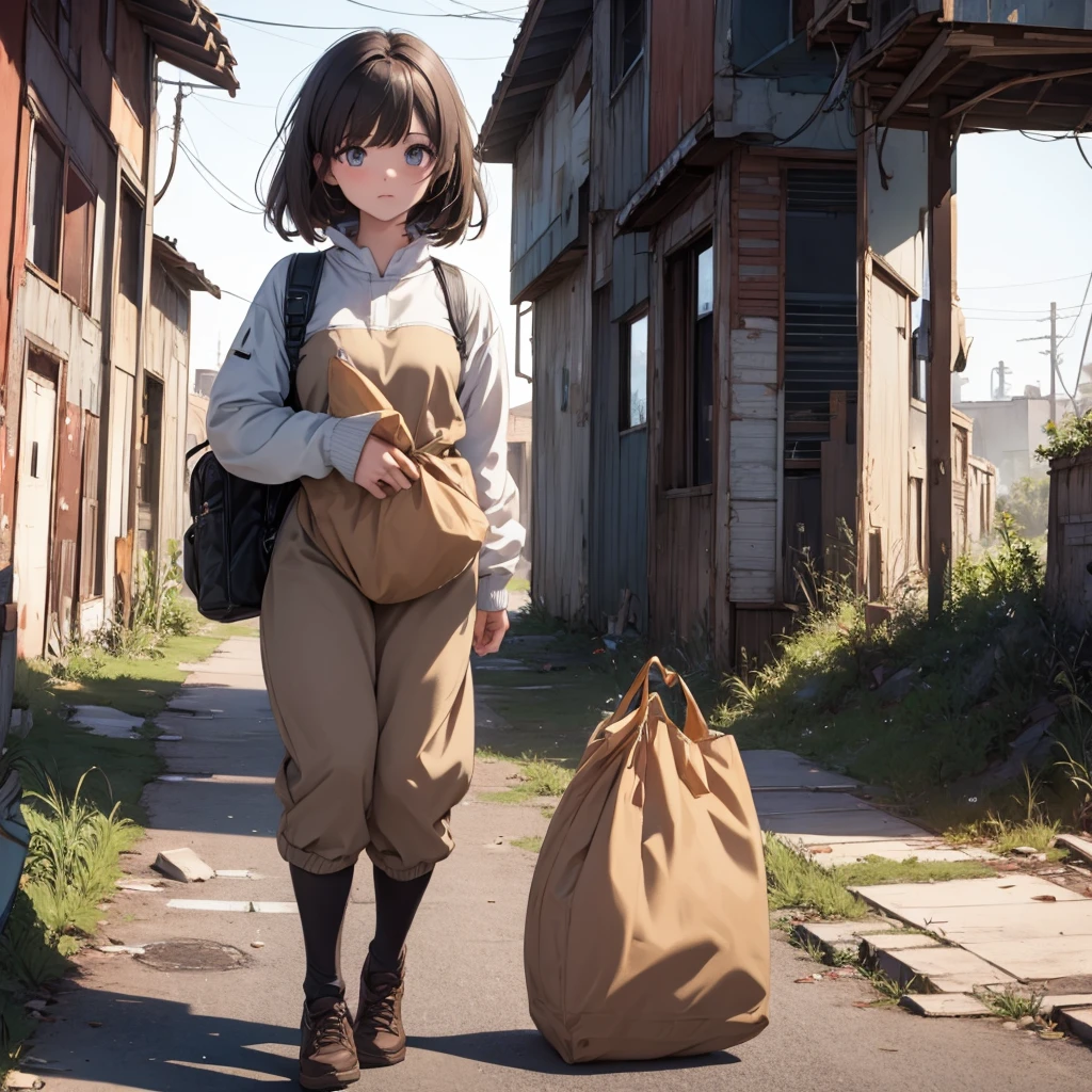 An android girl in potato sack clothes in an abandoned town 