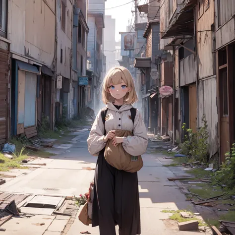 An android girl in potato sack clothes in an abandoned town 