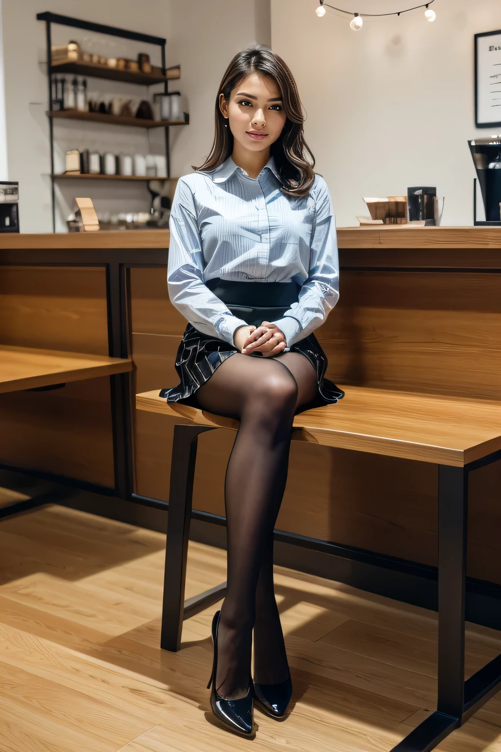 high quality,16K:1.1),(, Two women sitting on chairs in a coffee shop）face each other across a desk,Chatting (Full Body Shot:1.2),(),bionde、、ear piercing、smile、Beautiful teeth alignment、(Long sleeve blouse、Knee-length skirt、tights、pumps)), ,(View your viewers:1.3),Background is coffee shop Task in progress 70% 
