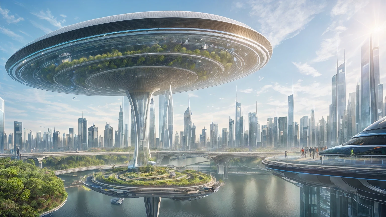 (Best quality,4K,8K,A high resolution,Masterpiece:1.2),Ultra-detailed,(Realistic,Photorealistic,photo-realistic:1.37),Futuristic floating city,Futuristic technology,Huge urban high-tech tablet platform,Airship,Floating in the sky,Futuristic city,Small airships around,High-tech hemispherical platform,Colorful lights,Advanced architecture,modernn architecture,skyscrapper,Access the cloud,Scenic beauty,view over city,Impressive design,Blend seamlessly with nature,energetic and vibrant atmosphere,Futuristic transportation system,Parking is suspended,Transparent path,Lush greenery,Sky gardens,cascading waterfalls,Magnificent skyline,reflections on the water,Sparkling river,Architectural innovation,futuristic skyscrapers,Transparent dome,The shape of the building is unusual,Elevated walkway,Impressive skyline,Glowing lights,Futuristic technology,Minimalist design,Scenic spots,Panoramic view,Cloud Piercing Tower,Vibrant colors,epic sunrise,epic sunset,Dazzling light display,magical ambiance,The future city,Urban Utopia,LuxuryLifestyle,Innovative energy,sustainable development,Smart city technology,Advanced infrastructure,Tranquil atmosphere,Nature and technology live in harmony,Awesome cityscape,Unprecedented urban planning,Architecture connects seamlessly with nature,High-tech metropolis,A cutting-edge engineering marvel,The future of urban living,Visionary architectural concept,Energy-efficient buildings,Harmony with the environment,A city floating above the clouds,Utopian dreams become reality,The possibilities are endless,State-of-the-art transportation network,Green energy integration,Innovative materials,Impressive holographic display,Advanced communication system,Breathtaking aerial view,Quiet and peaceful environment,Modernist aesthetics,Ethereal beauty