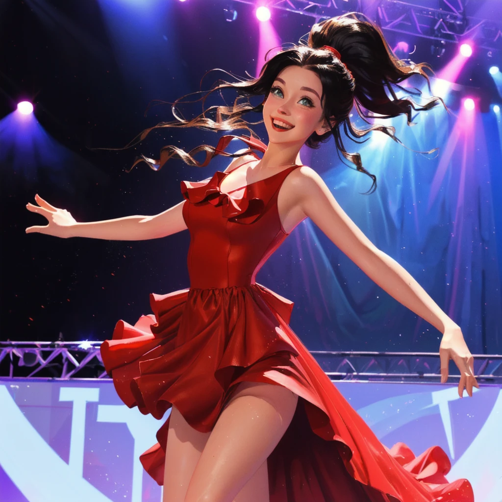 Una mujer araffada con un vestido rojo está parada en un escenario, correr on stage, ( ( emma lindstrom ) ), traje con volantes, usando un vestido brillante, correr, Hanna Montana, nico con un vestido rojo, vistiendo leotardo blanco, Chica con vestido rojo bailando, el fondo es celestial, Diosa de pelo negro, vestido rojo, sonrisa feliz