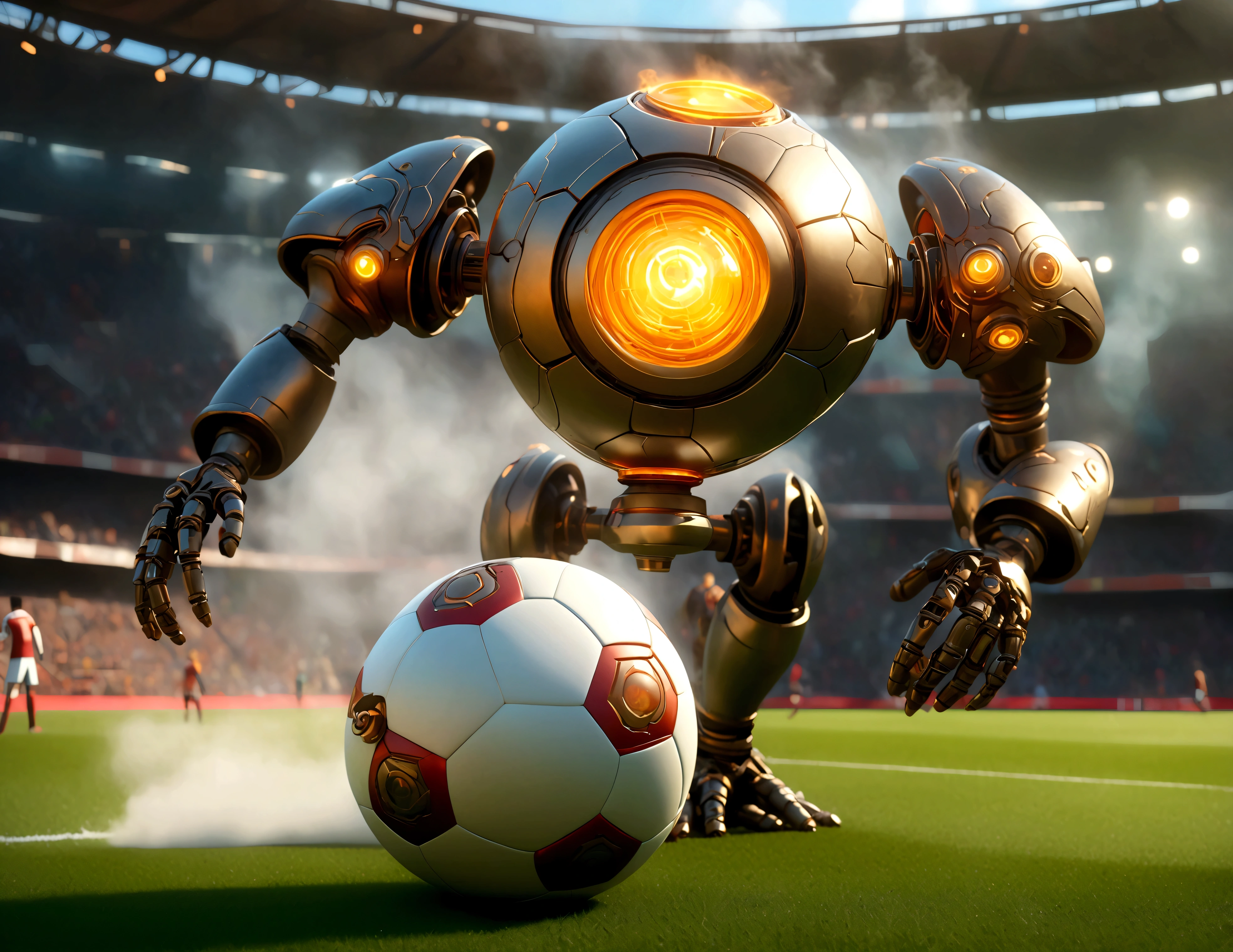 A dapper, mechanical android soccer team, steam vents, lit eyes, playing in a well-lit, packed stadium, teams with different color schemes, only one soccer ball on the field (best quality, 8k, highres, masterpiece:1.2), ultra-detailed, (realistic, photorealistic, photo-realistic:1.37), steam punk, concept art
