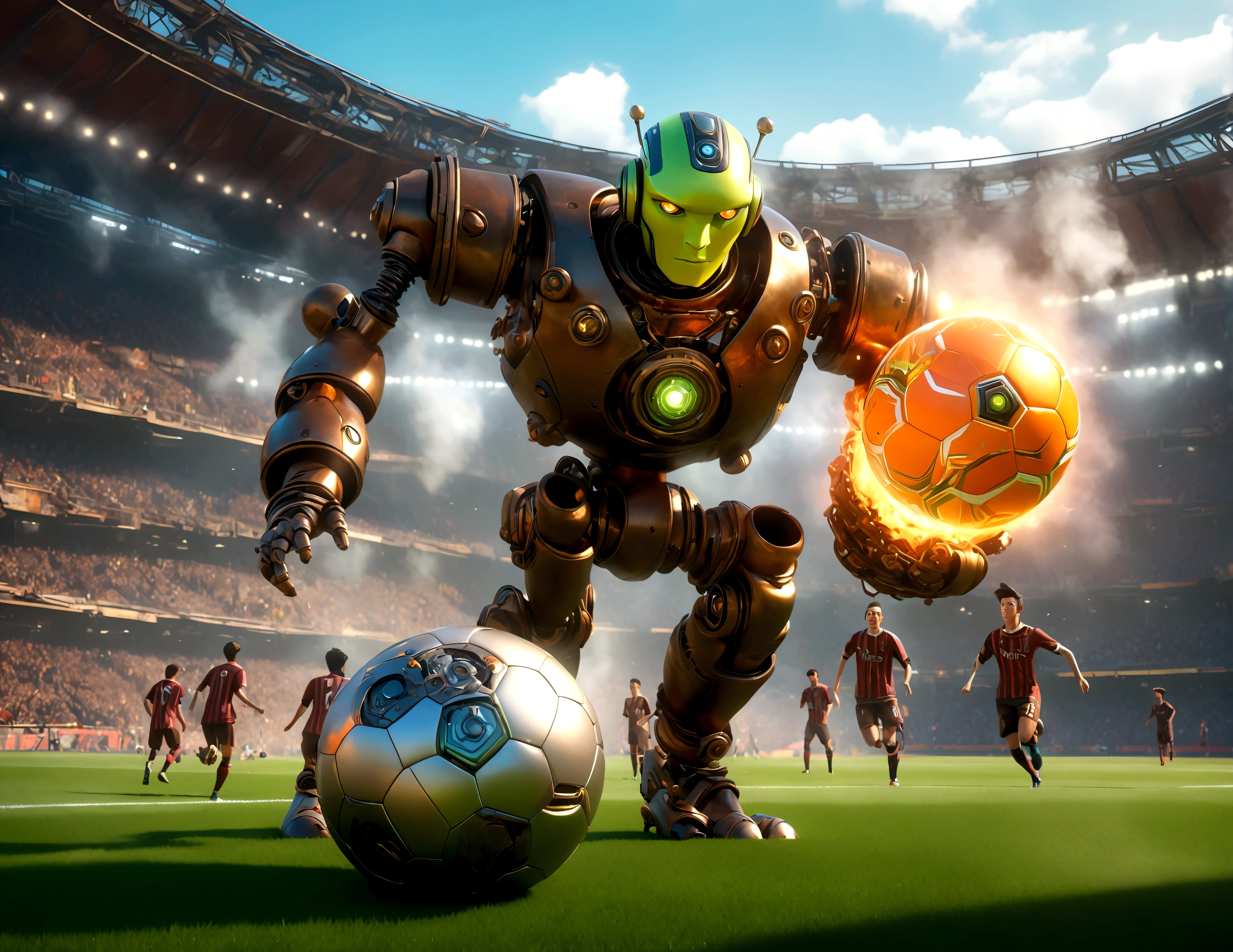 A dapper, mechanical android soccer team, steam vents, lit eyes, playing in a well-lit, packed stadium, teams with different color schemes, only one soccer ball on the field (best quality, 8k, highres, masterpiece:1.2), ultra-detailed, (realistic, photorealistic, photo-realistic:1.37), steam punk, concept art
