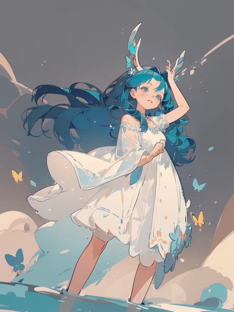 bust-up, 1girl, tosca blue hair, butterfly picking up strands of the hair, blue flower, deer ears, deer antlers, elegant white dress, splash background, solo, sketch, dynamic pose