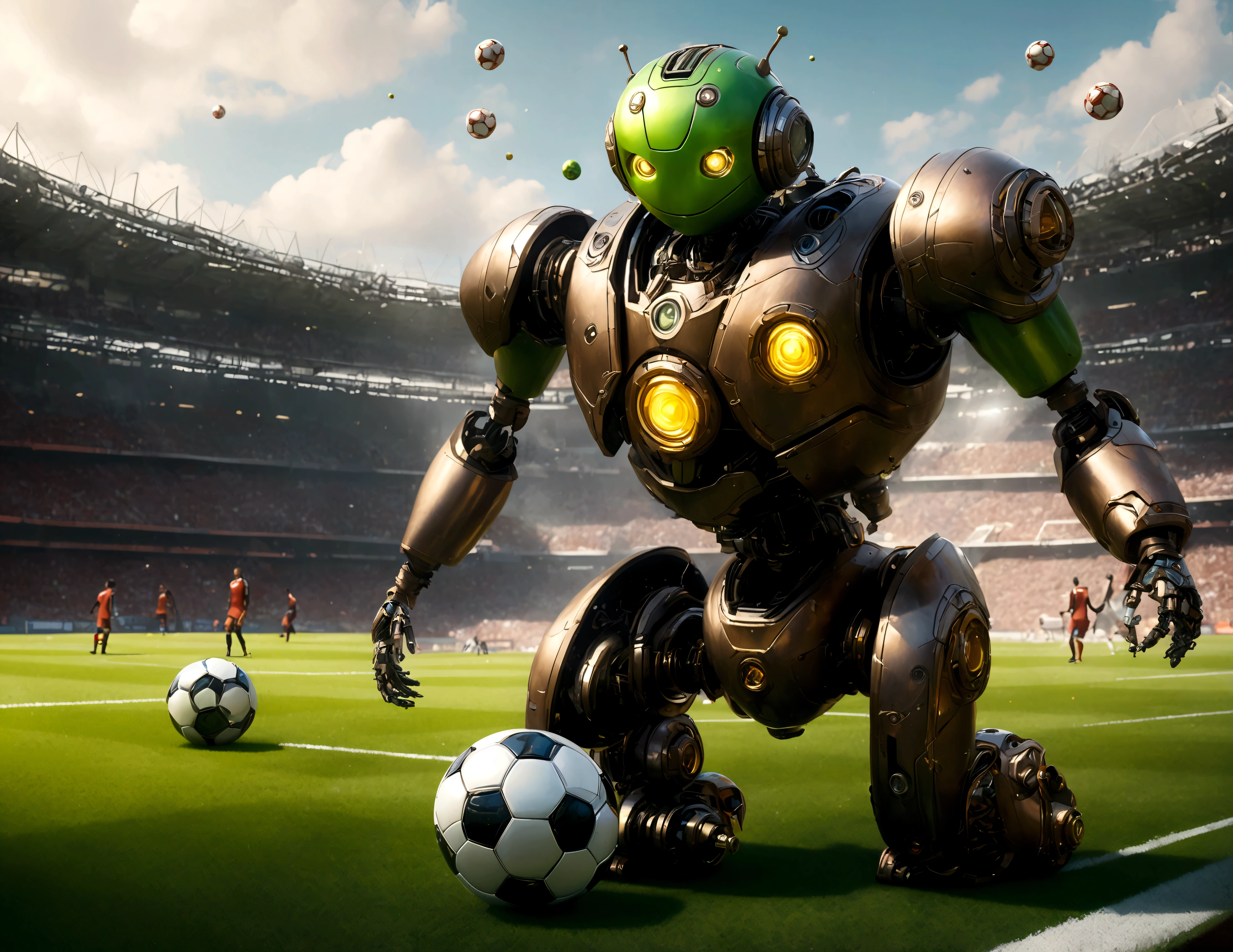 A dapper, mechanical android soccer team, steam vents, lit eyes, playing in a well-lit, packed stadium, teams with different color schemes, only one soccer ball on the field (best quality, 8k, highres, masterpiece:1.2), ultra-detailed, (realistic, photorealistic, photo-realistic:1.37), steam punk, concept art
