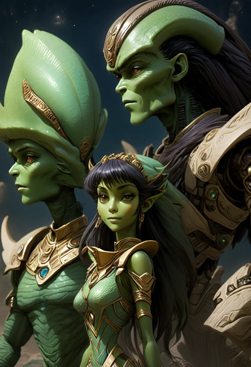 ( High quality , ultra detailed, careful with hand )a alienish alien like races species near humans humanoid hominid epic ancient female male race, on attractive couples on a alien epic civilization worlds as part of a alien multiworlds empire more anime semi realism look feel exotic