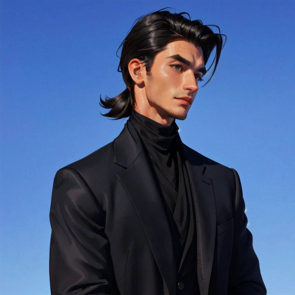 Arafed image of a man in a black suit and turtleneck., well maintained model, wearing turtleneck, wearing a turtleneck and a jacket, Male model, slippery hair, man in black suit, black turtleneck, short hair on top of your head, a handsome man，short black hair, sharp jaw, slicked back hair