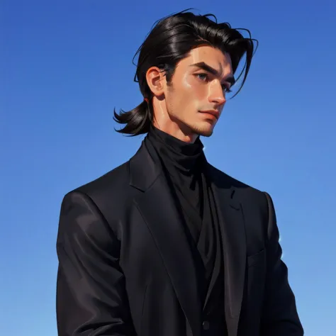 Arafed image of a man in a black suit and turtleneck., well maintained model, wearing turtleneck, wearing a turtleneck and a jac...