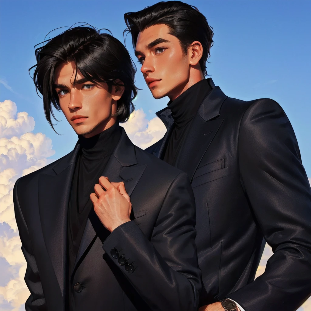 Arafed image of a man in a black suit and turtleneck., well maintained model, wearing turtleneck, wearing a turtleneck and a jacket, Male model, slippery hair, man in black suit, black turtleneck, short hair on top of your head, a handsome man，short black hair, sharp jaw, slicked back hair