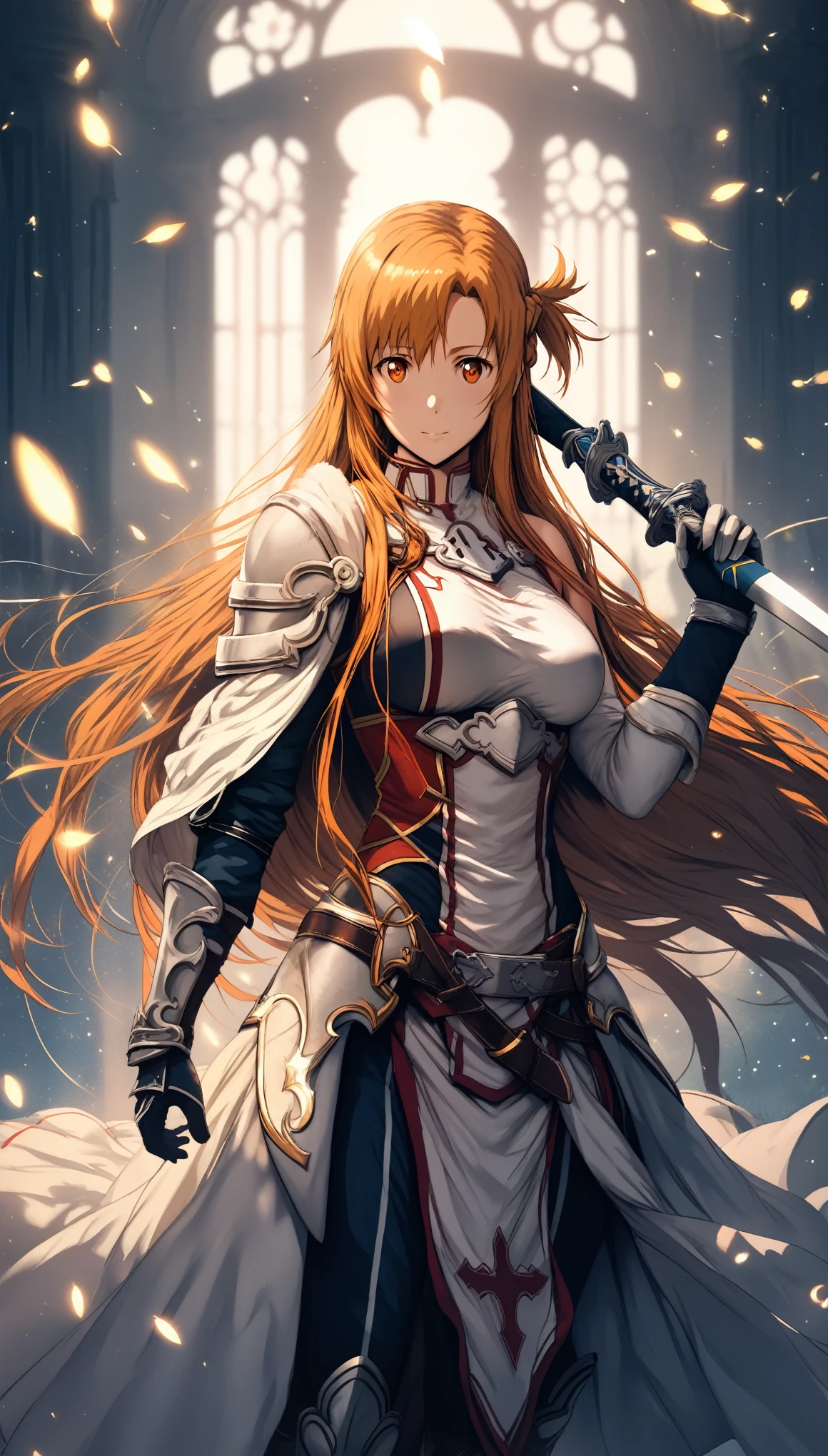 (style artistique:0.7), score_9, score_8_en haut, score_7_en haut, score_6_en haut, Non censuré, asuna yuuki from épée art online, cheveux roux, cheveux longs, Yeux oranges, pli, casser (chef-d&#39;œuvre:1.2), Meilleure qualité, haute résolution,(yeux détaillés:1.3), éclairage parfait, (des mains parfaites, Anatomie parfaite), gros seins, holding, debout, arme, foyer féminin, épée, cap, holding arme, armure, holding épée, shoulder armure, gantelets, face au spectateur, épaulettes, pectoral, planté, full armure, bokeh, rétroéclairage, luciole, lucioles, Yeux creux, bright pen hautils, 