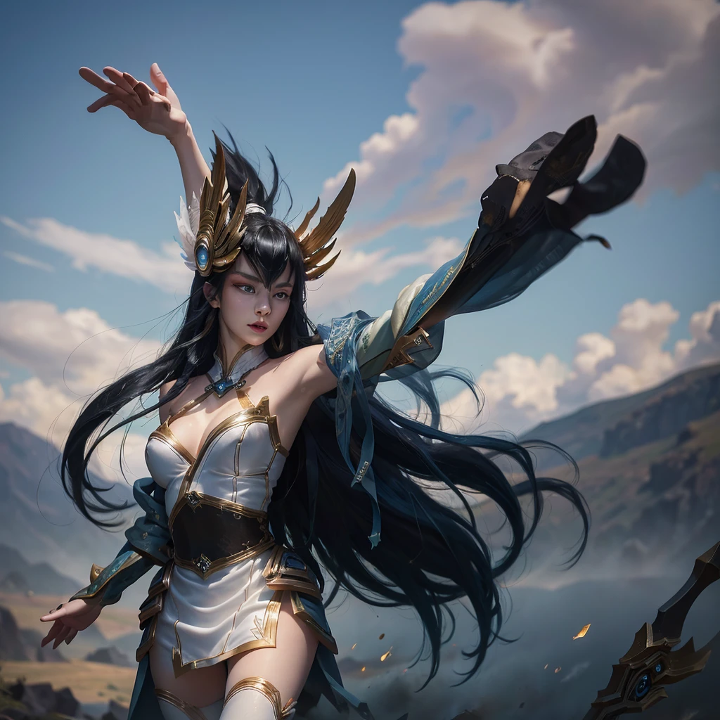 irelia from league of legends, a beautiful 24 years old woman, asian girl, dark blue long hair, blue eyes, fit body, she controls blades in the air, serious face, detailed photograph, 8k, uhd, high quality photo, bright day, grassland background, sexy girl, perfect body, perfect face, very big eyes, detailed face, detailed hands, detailed eyes, high detailed photograph, 16k, perfect woman face, (((sex)))