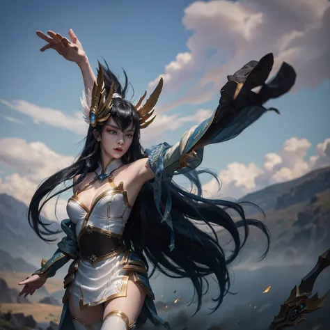 irelia from league of legends, a beautiful 24 years old woman, asian girl, dark blue long hair, blue eyes, fit body, she control...