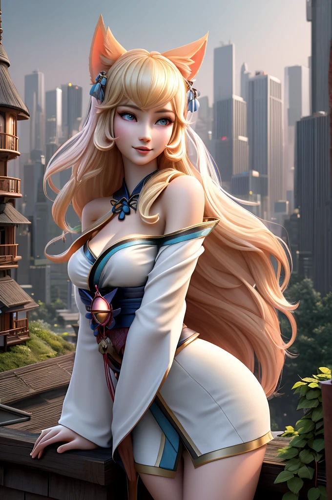 close up 1girl in, Ahri, league of legends, teenager, Solo, long hair, super long blond hair, pale skin, full medium breasts, cleavage, runners body, (thin hips, thin waist: 1.25), (arched back:1.12), detailed skin, neutral face, mischievous smile, revealing clothes, (wearing fox ears, fox tail, off the shoulder kimono: 1.1), (detailed tree house city background:1.1), dark rooftop, overlooking apocalyptic city, 4k textures, soft light, elegant, highly detailed, sharp focus, soothing tones, insane details, intricate details, hyperdetailed, low contrast, exposure blend, hdr, faded