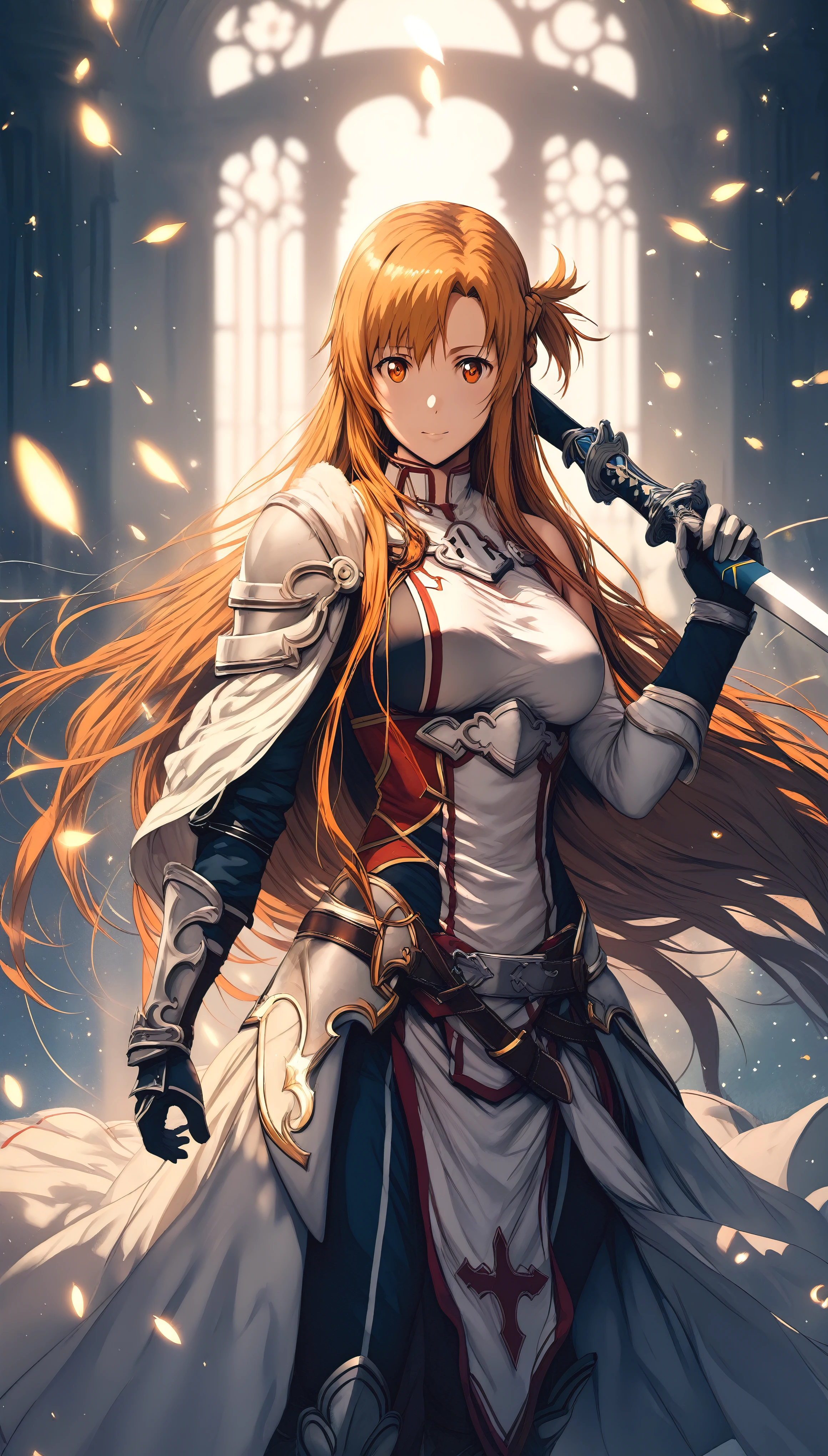 (hews art style:0.7), score_9, score_8_up, score_7_up, score_6_up, uncensored, asuna yuuki from sword art online, orange hair, long hair, orange eyes, fold, BREAK (masterpiece:1.2), best quality, high resolution,(detailed eyes:1.3), perfect lighting, (perfect hands, perfect anatomy), large breasts, holding, standing, weapon, female focus, sword, cape, holding weapon, armor, holding sword, shoulder armor, gauntlets, facing viewer, pauldrons, breastplate, planted, full armor, bokeh, backlighting, firefly, fireflies, hollow eyes, bright pupils, 