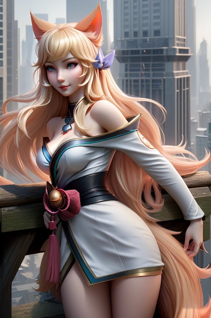 close up 1girl in, Ahri, league of legends, teenager, Solo, long hair, super long blond hair, pale skin, full medium breasts, cleavage, runners body, (thin hips, thin waist: 1.25), (arched back:1.12), detailed skin, neutral face, mischievous smile, revealing clothes, (wearing fox ears, fox tail, off the shoulder kimono: 1.1), (detailed tree house city background:1.1), dark rooftop, overlooking apocalyptic city, 4k textures, soft light, elegant, highly detailed, sharp focus, soothing tones, insane details, intricate details, hyperdetailed, low contrast, exposure blend, hdr, faded