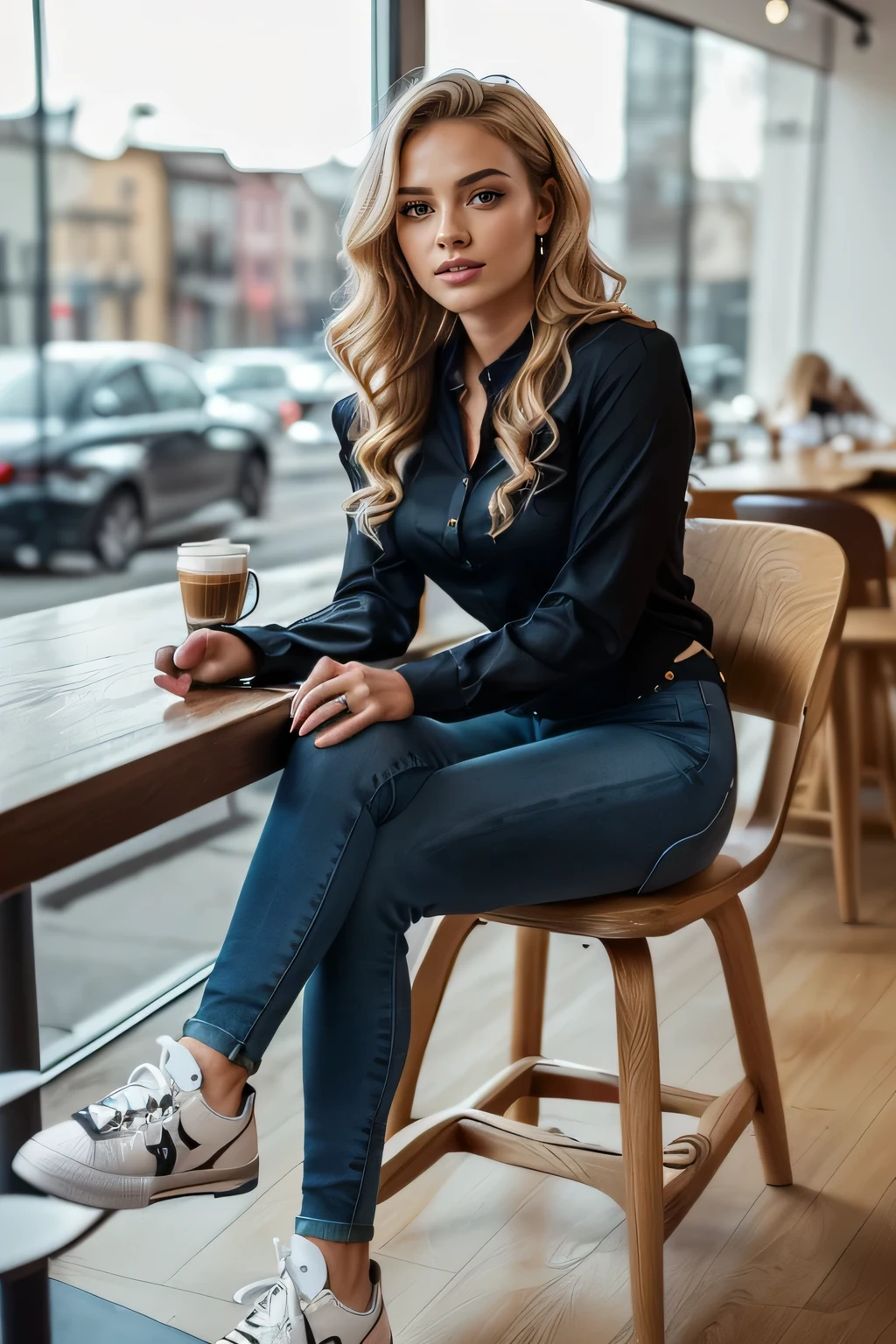 alta qualidade,16k:1.1),((Mulheres alemãs sentadas em cadeiras em uma cafeteria） 、(tiro de corpo inteiro:1.2),(),cabelo loiro ondulado、、piercing de orelha、sorriso、Belo alinhamento dos dentes、((Blusa de manga longa、calça justa、tênis)), ,(Veja seu público:1.3),O fundo é uma cafeteria
